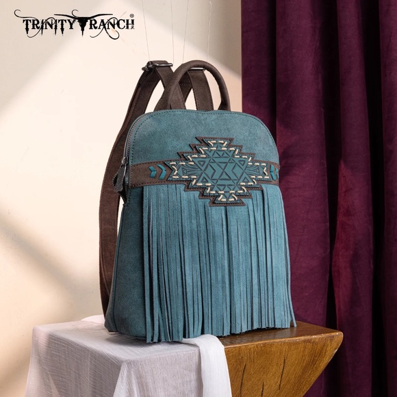 Trinity Ranch Aztec Tooled Fringe Concealed Carry Backpack Turquoise - Picture 2 of 6